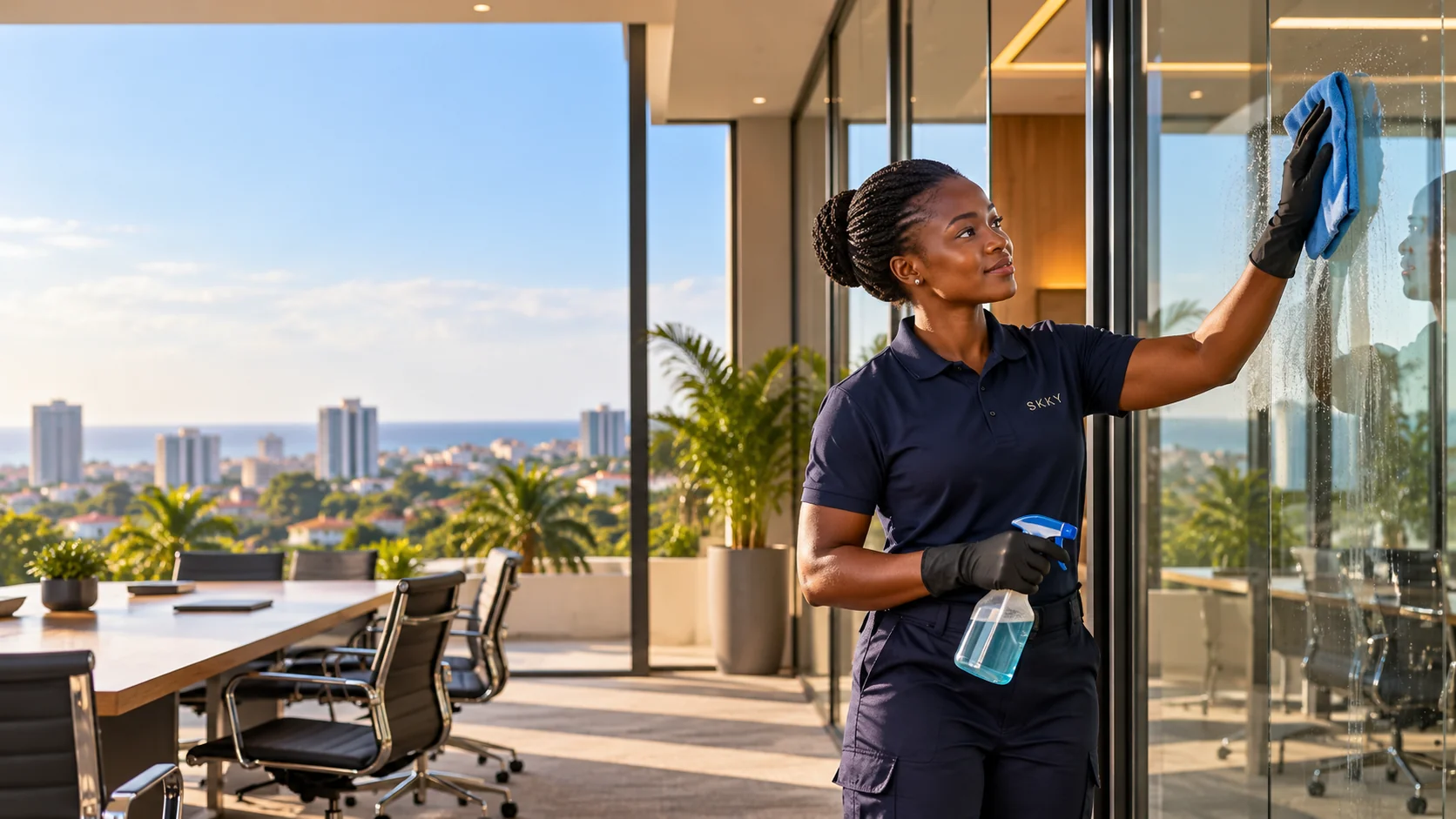 Illustration of a cleaner wiping glass in an office