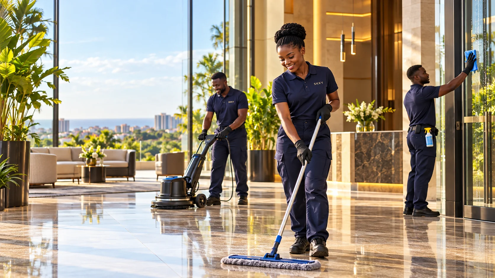 Illustration of a cleaning team caring for a shared interior
